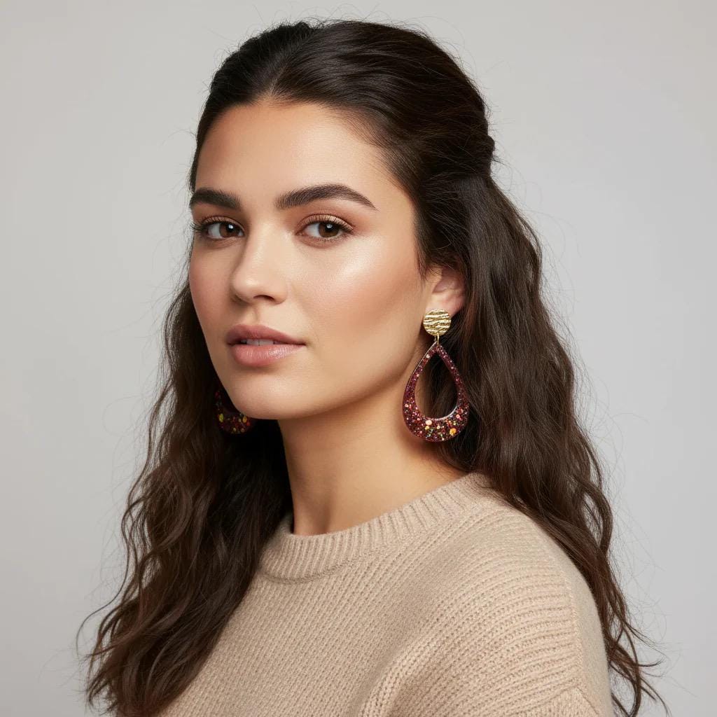 Burgandy Teardrop Earrings with Hammered Gold Studs - Resin Jewelry for Women