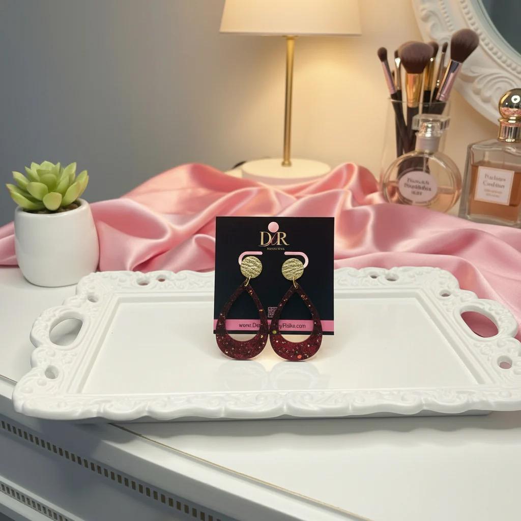 Burgandy Teardrop Earrings with Hammered Gold Studs - Resin Jewelry for Women