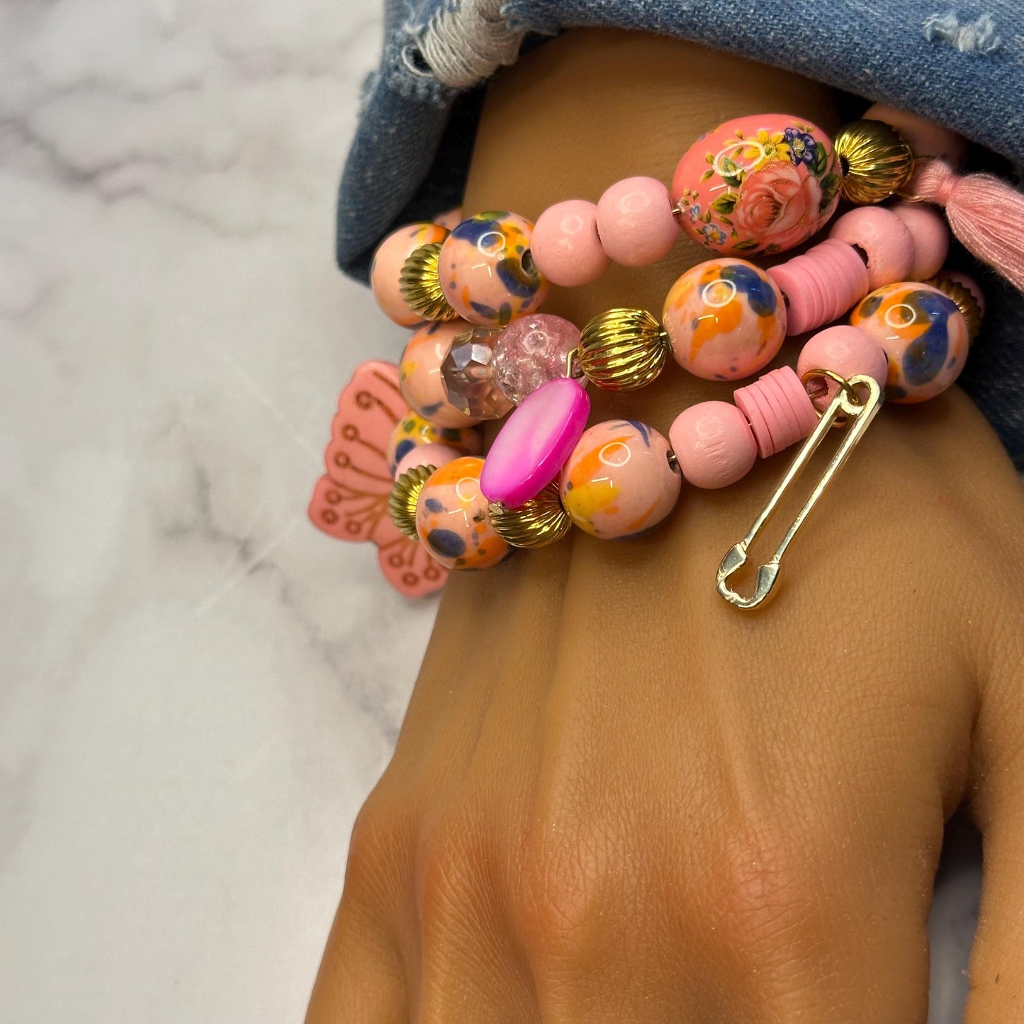 Preorder: Pink Stacked Bracelet, Chunky Bracelet with Charms, Gift for Women