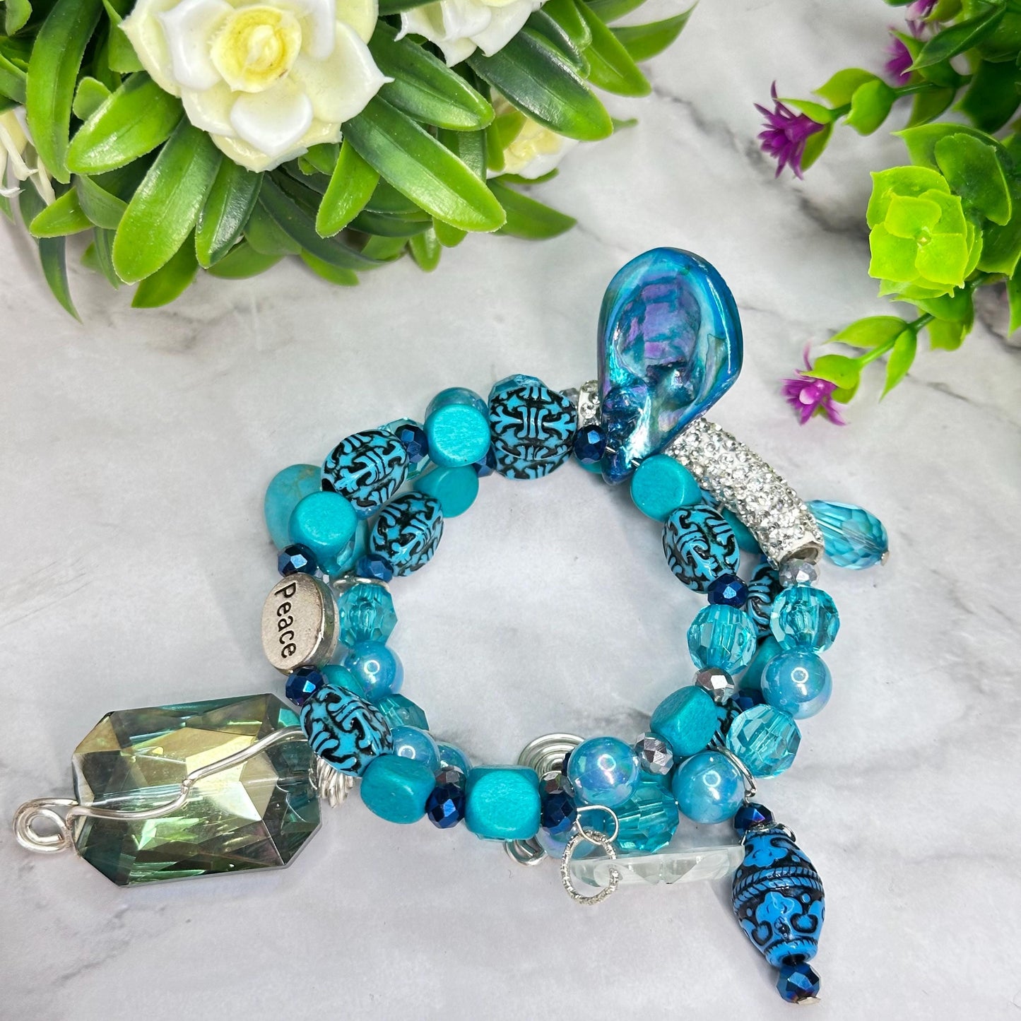 Blue Beaded Wrap Bracelet – Shell Pendant, Rhinestone Accent