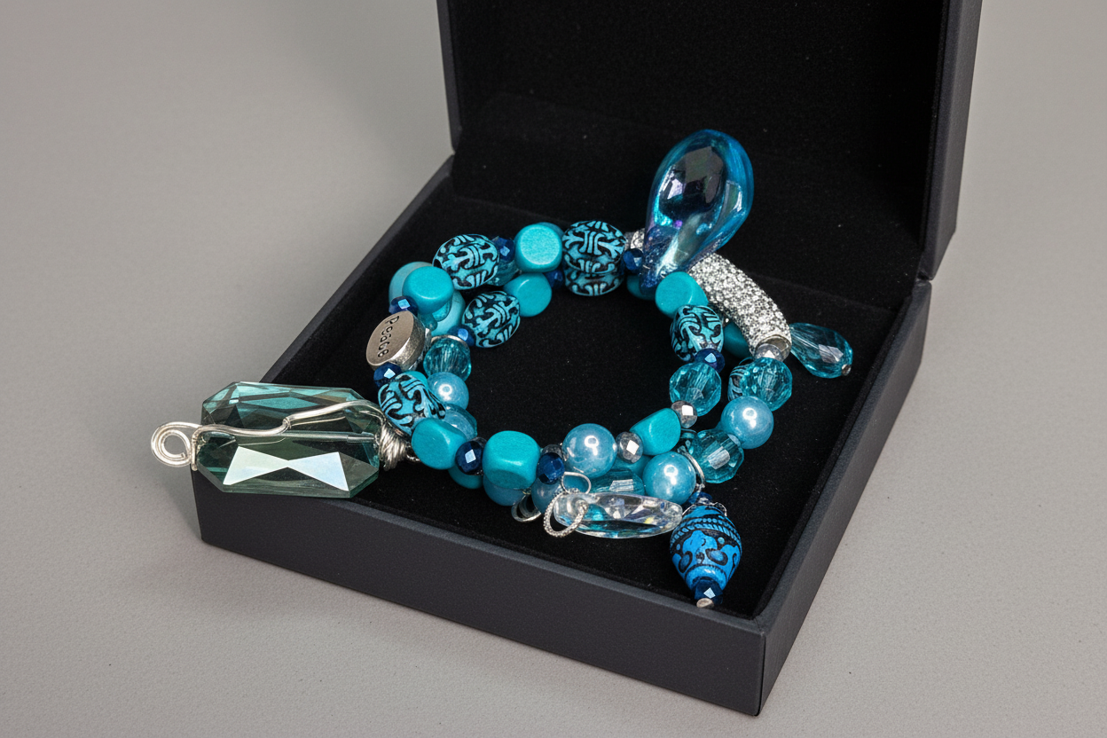 Blue Beaded Wrap Bracelet – Shell Pendant, Rhinestone Accent