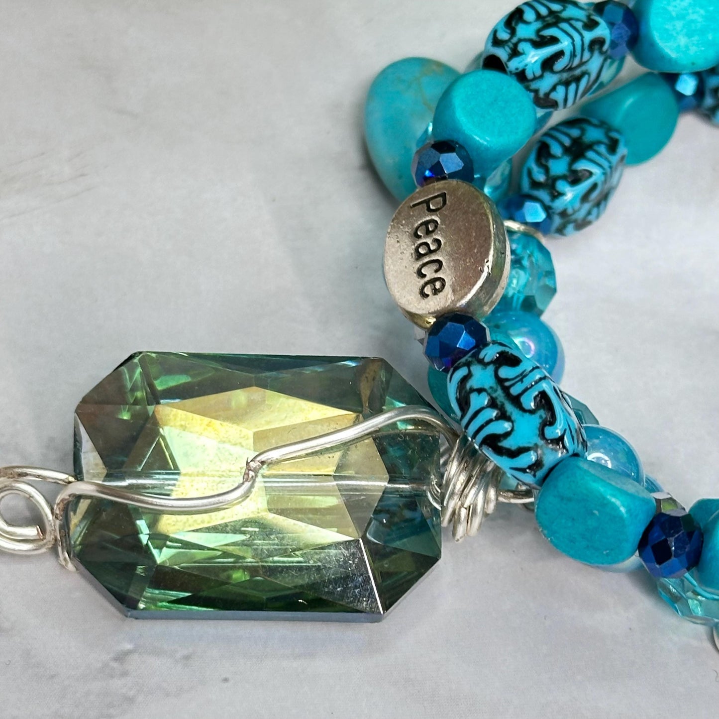 Blue Beaded Wrap Bracelet – Shell Pendant, Rhinestone Accent