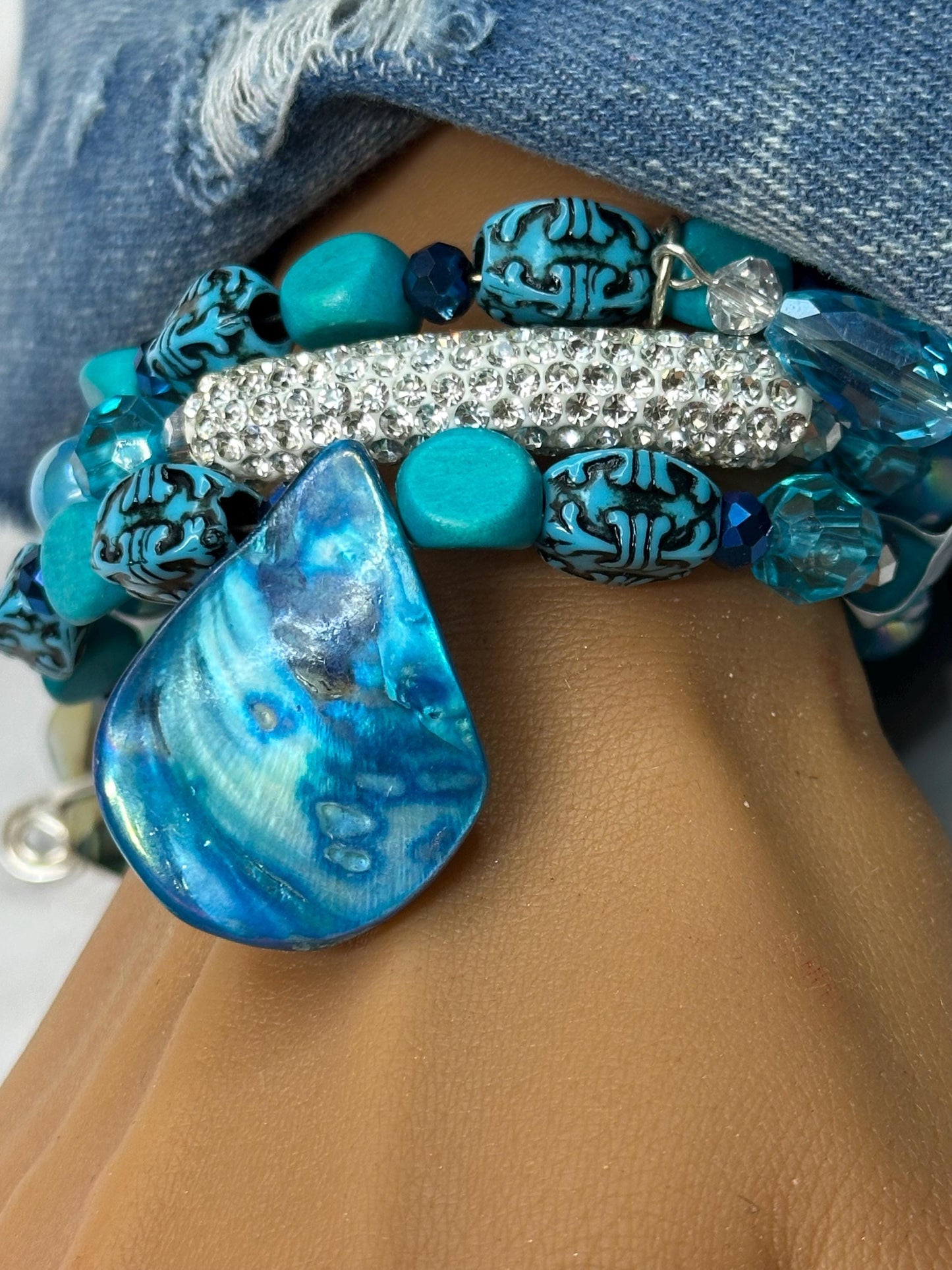 Blue Beaded Wrap Bracelet – Shell Pendant, Rhinestone Accent