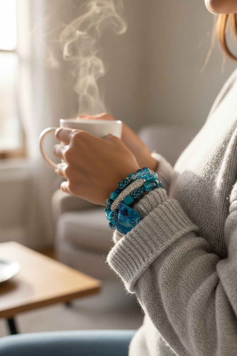 Blue Beaded Wrap Bracelet – Shell Pendant, Rhinestone Accent