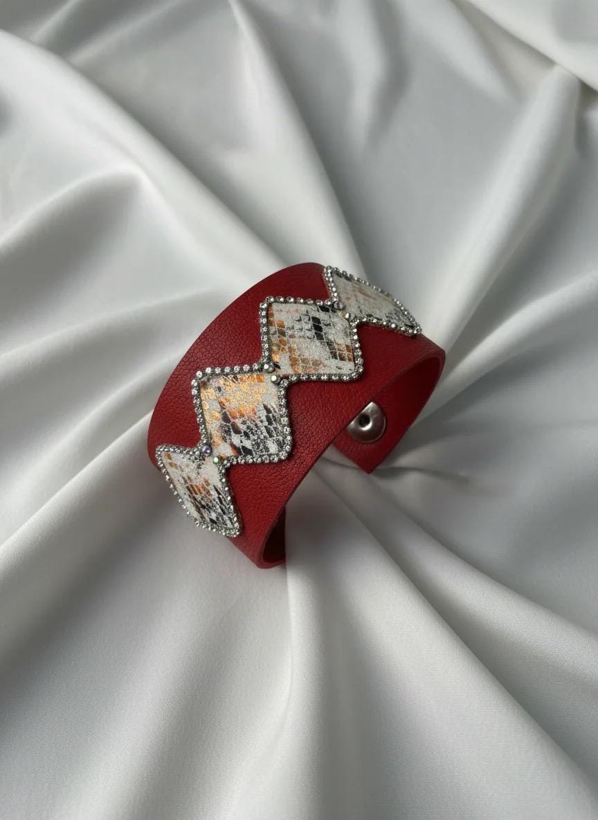 Red Snake Print Embellished Faux Leather Cuff Bracelet