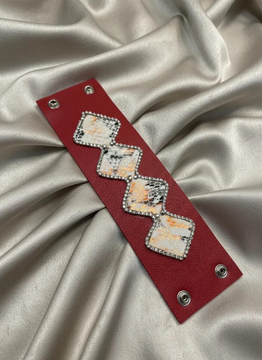 Red Snake Print Embellished Faux Leather Cuff Bracelet