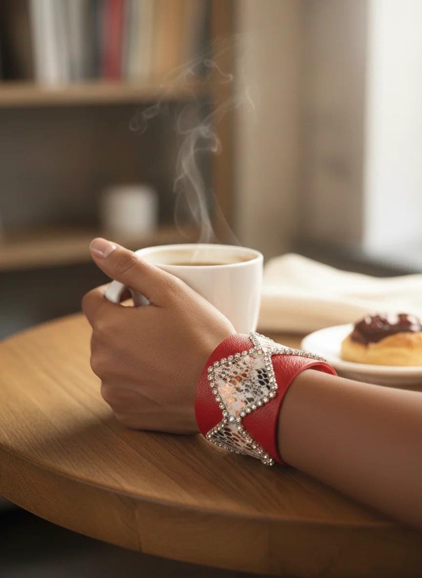 Red Snake Print Embellished Faux Leather Cuff Bracelet