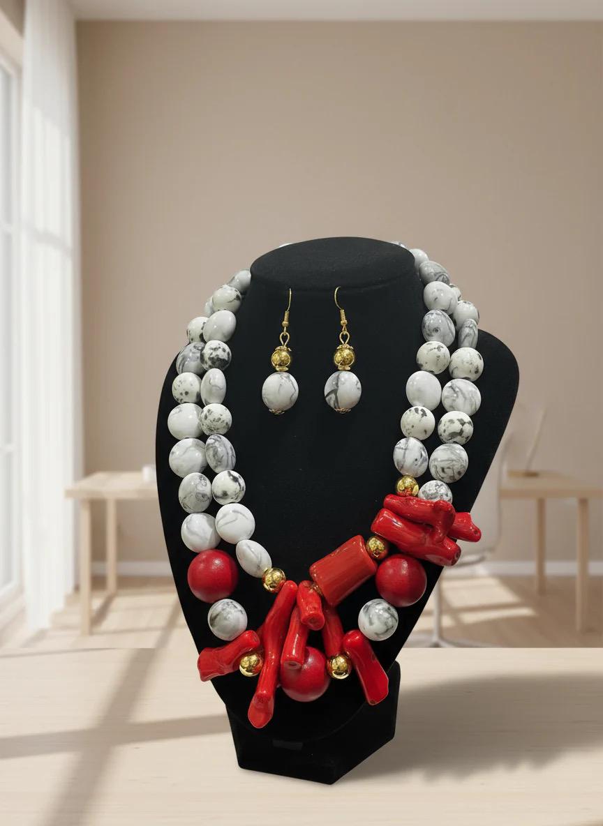 Red Coral Beaded Necklace Set: Multi-strand Statement Ethnic Jewelry