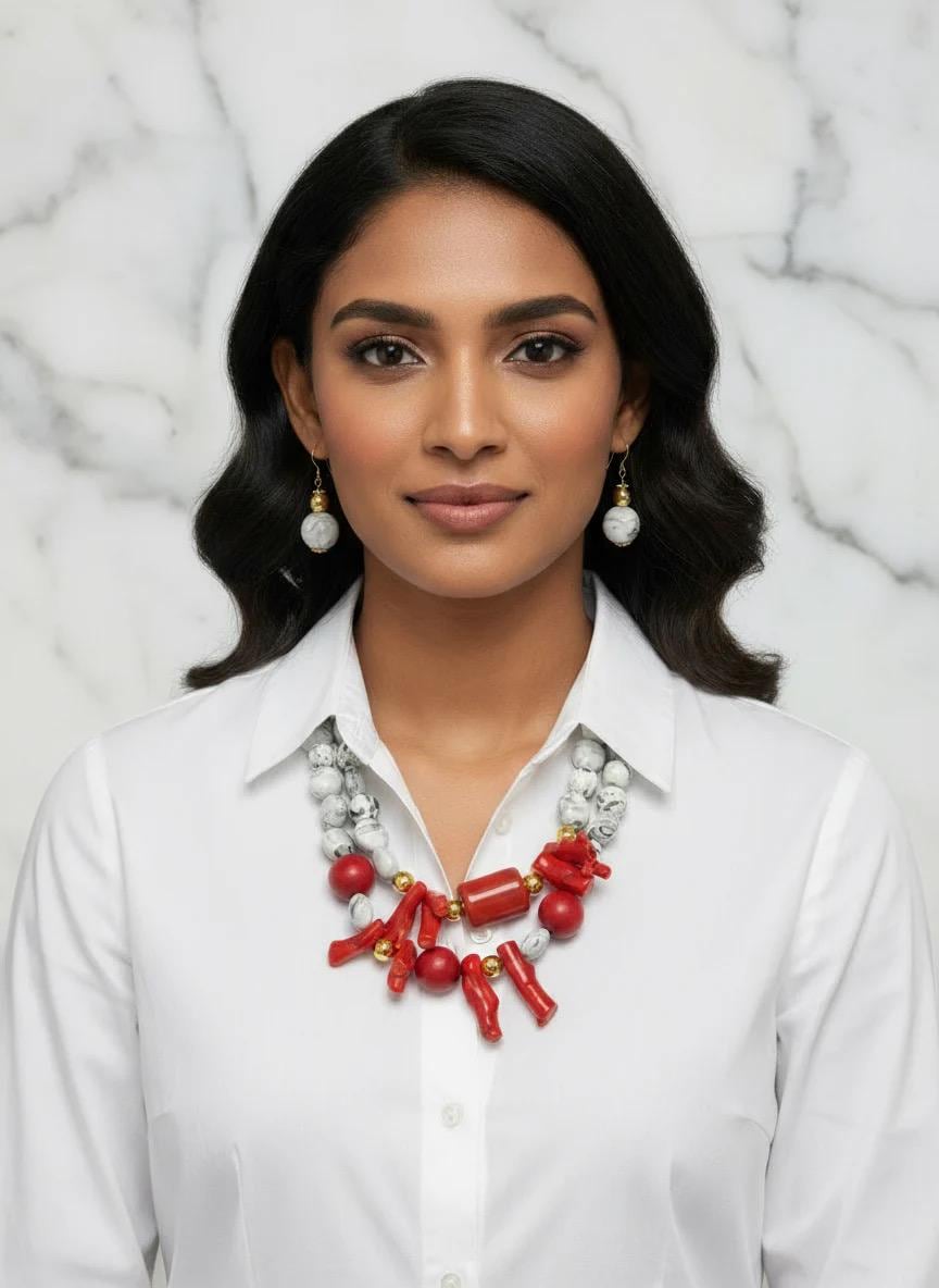 Red Coral Beaded Necklace Set: Multi-strand Statement Ethnic Jewelry