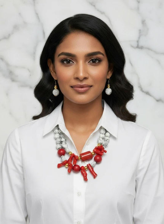 Red Coral Beaded Necklace Set: Multi-strand Statement Ethnic Jewelry