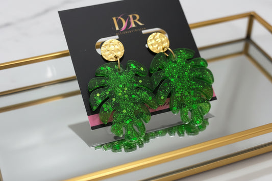 Green Monstera Leaf Resin Earrings: Gold Hammered Hypoallergenic Studs
