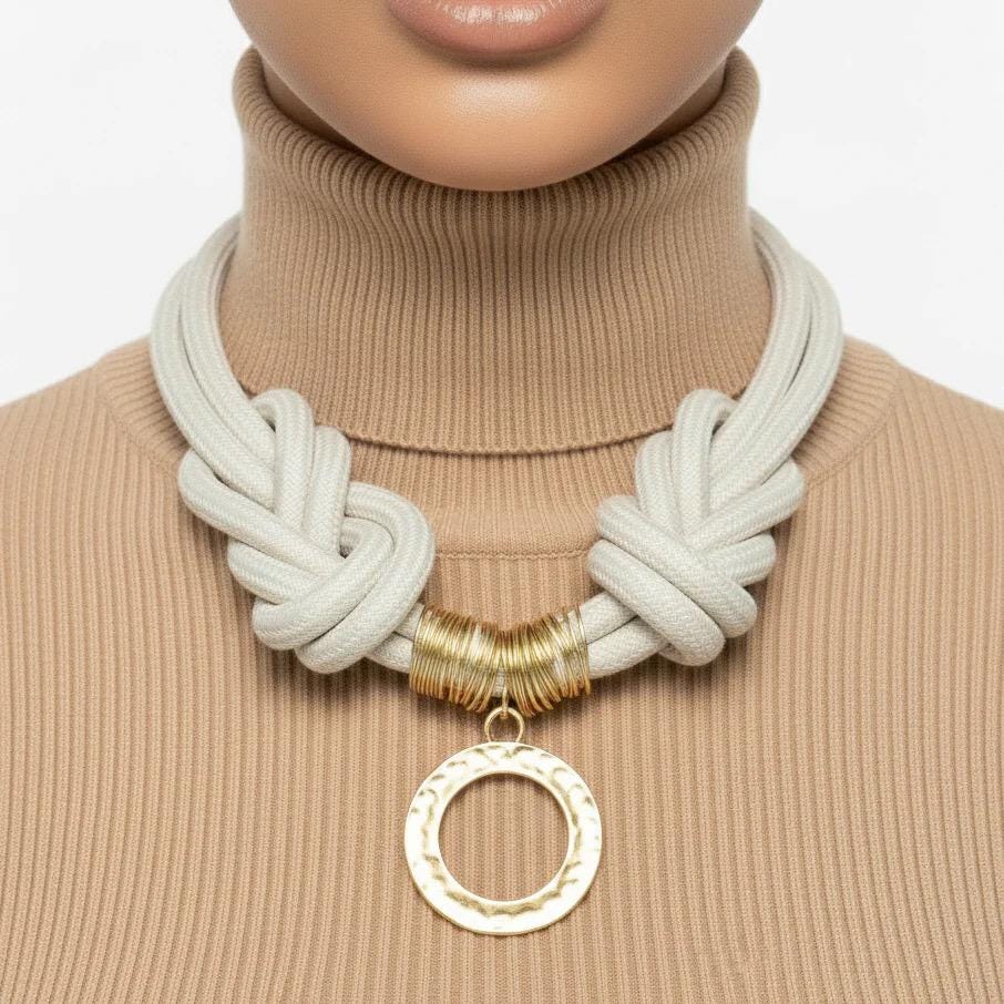 Chunky Natural Cord Boho Necklace: Tribal Knot Statement with Gold Pendant