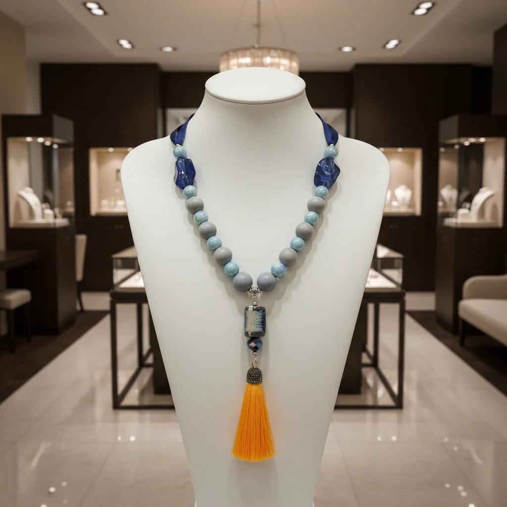 Beaded Tassel Statement Necklace: Grey, Blue and Yellow Boho Fringe