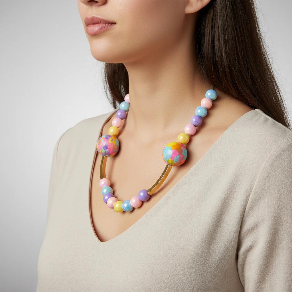 Colorful Clay Acrylic Beaded Necklace: Gold Statement Jewelry for Women