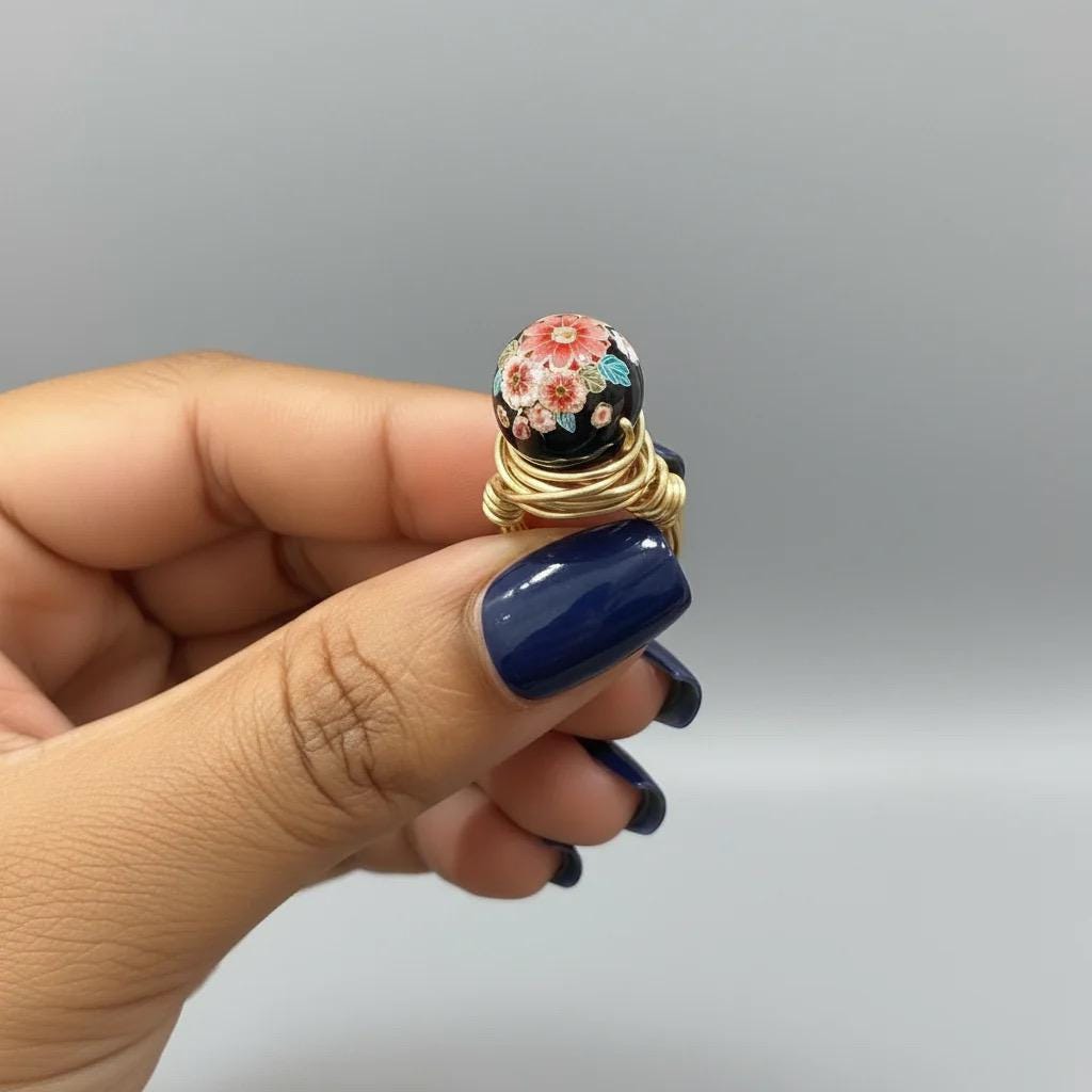 Black Japanese Floral Bead Ring –  Wire Wrapped Jewelry for Women