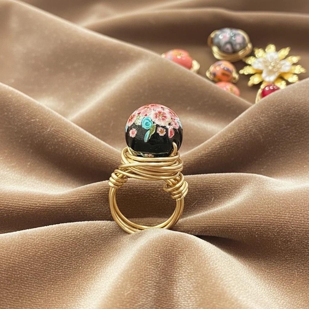 Black Japanese Floral Bead Ring –  Wire Wrapped Jewelry for Women