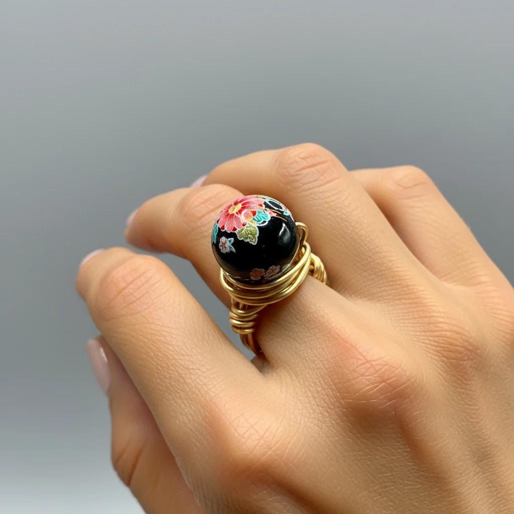Black Japanese Floral Bead Ring –  Wire Wrapped Jewelry for Women