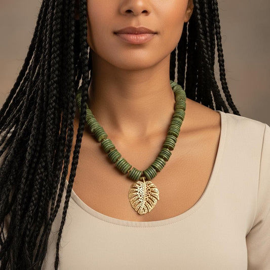 Green Coconut Shell Necklace: Chunky Wood Beads, Matte Gold Pendant