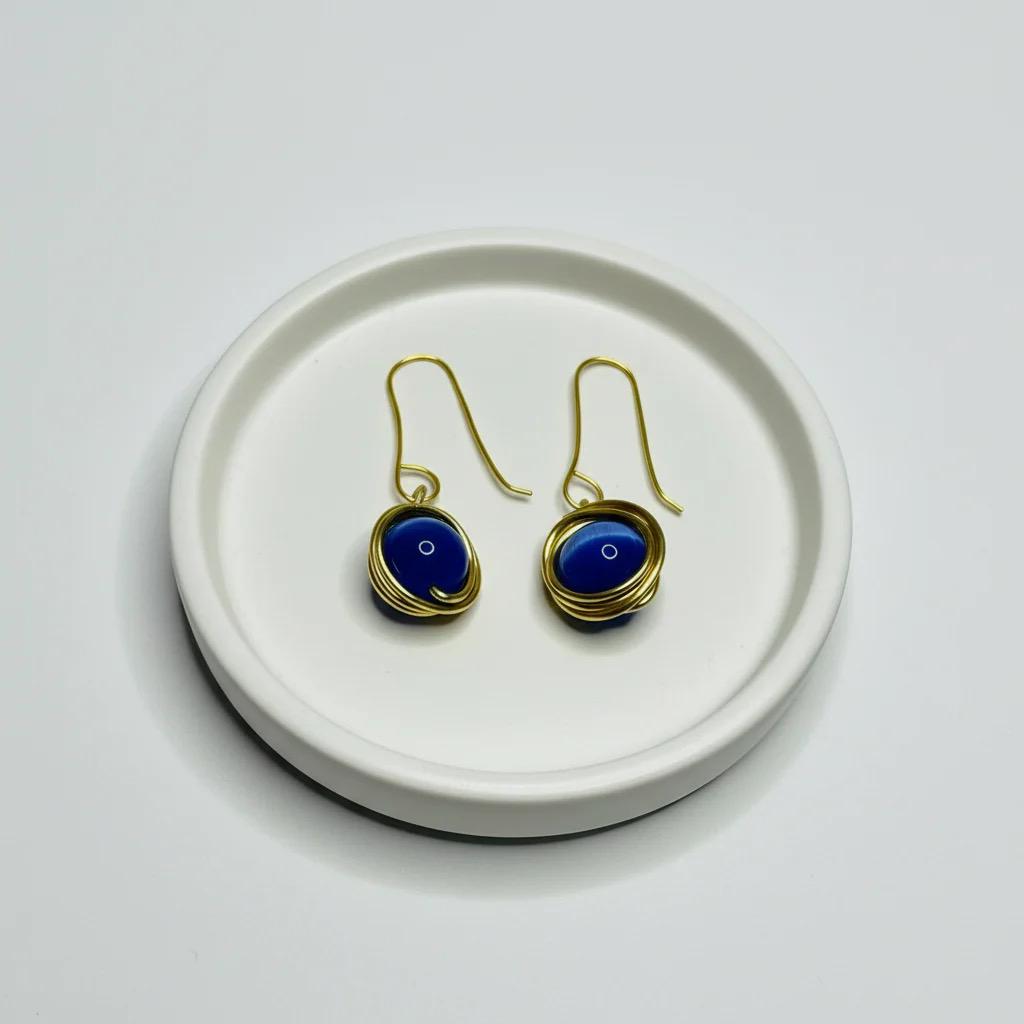 Blue Beaded, Gold Wire-wrapped Dangle Earrings: Lightweight Minimalist Jewelry
