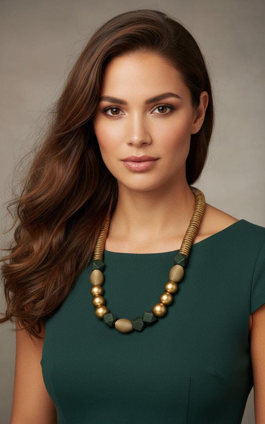 Gold and Green Geometric Handmade Necklace: Lightweight Tribal Beaded Jewelry