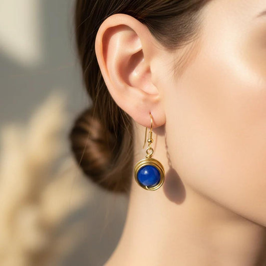 Blue Beaded, Gold Wire-wrapped Dangle Earrings: Lightweight Minimalist Jewelry