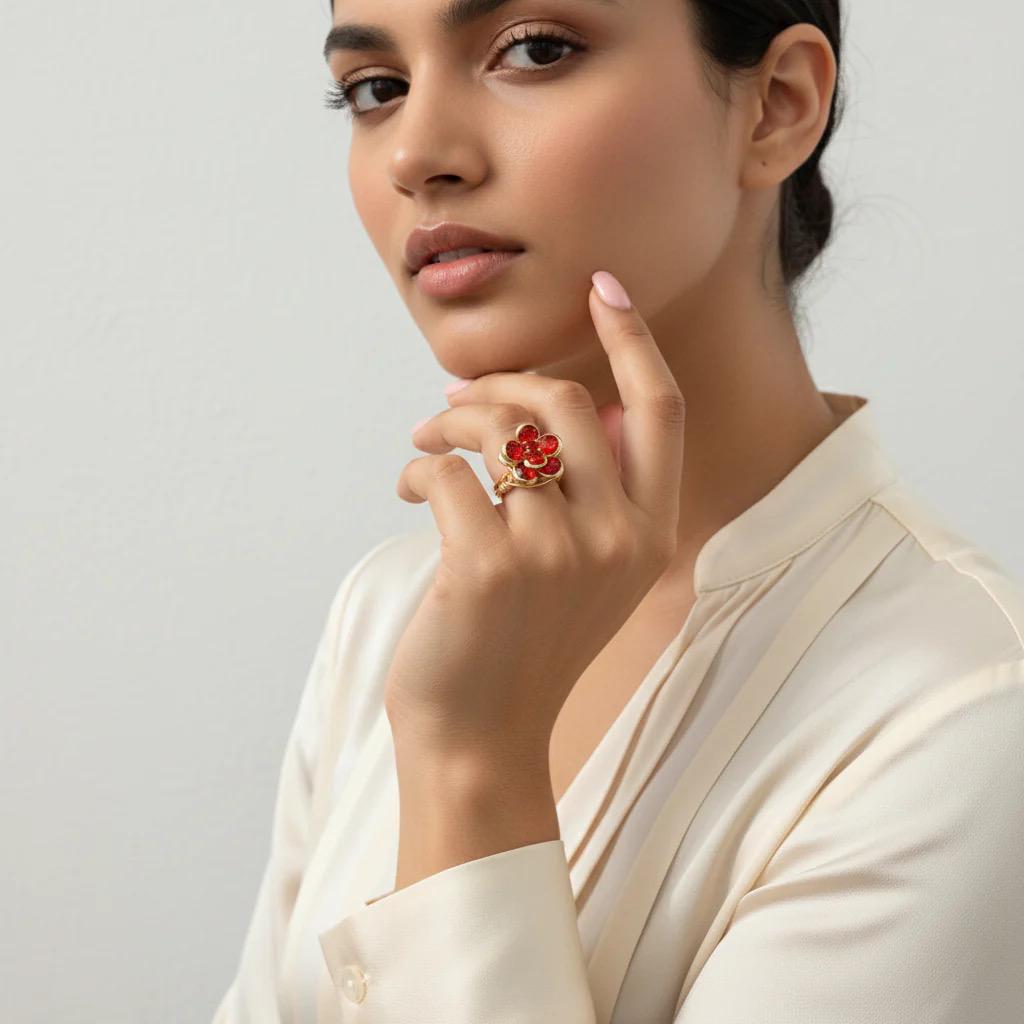 Red Glass Flower Wire Wrapped Ring – Handmade Fixed Size Statement Ring