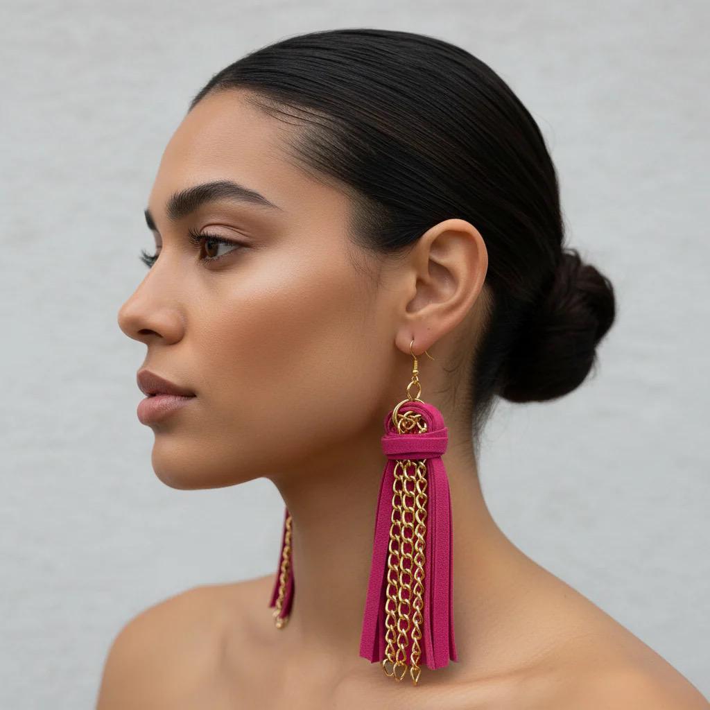 Fringe Gold Chain Red Suede Earrings – Long Dangle Jewelry for Women