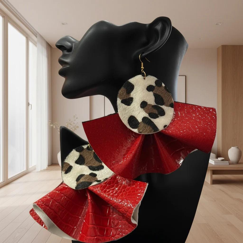 Red Croc & Leopard Oversized Ruffle Fan Leather Earrings