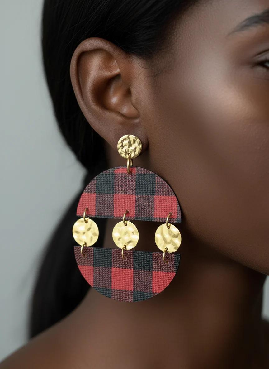 Red Buffalo Plaid Holiday Earrings with Gold Hammered Studs