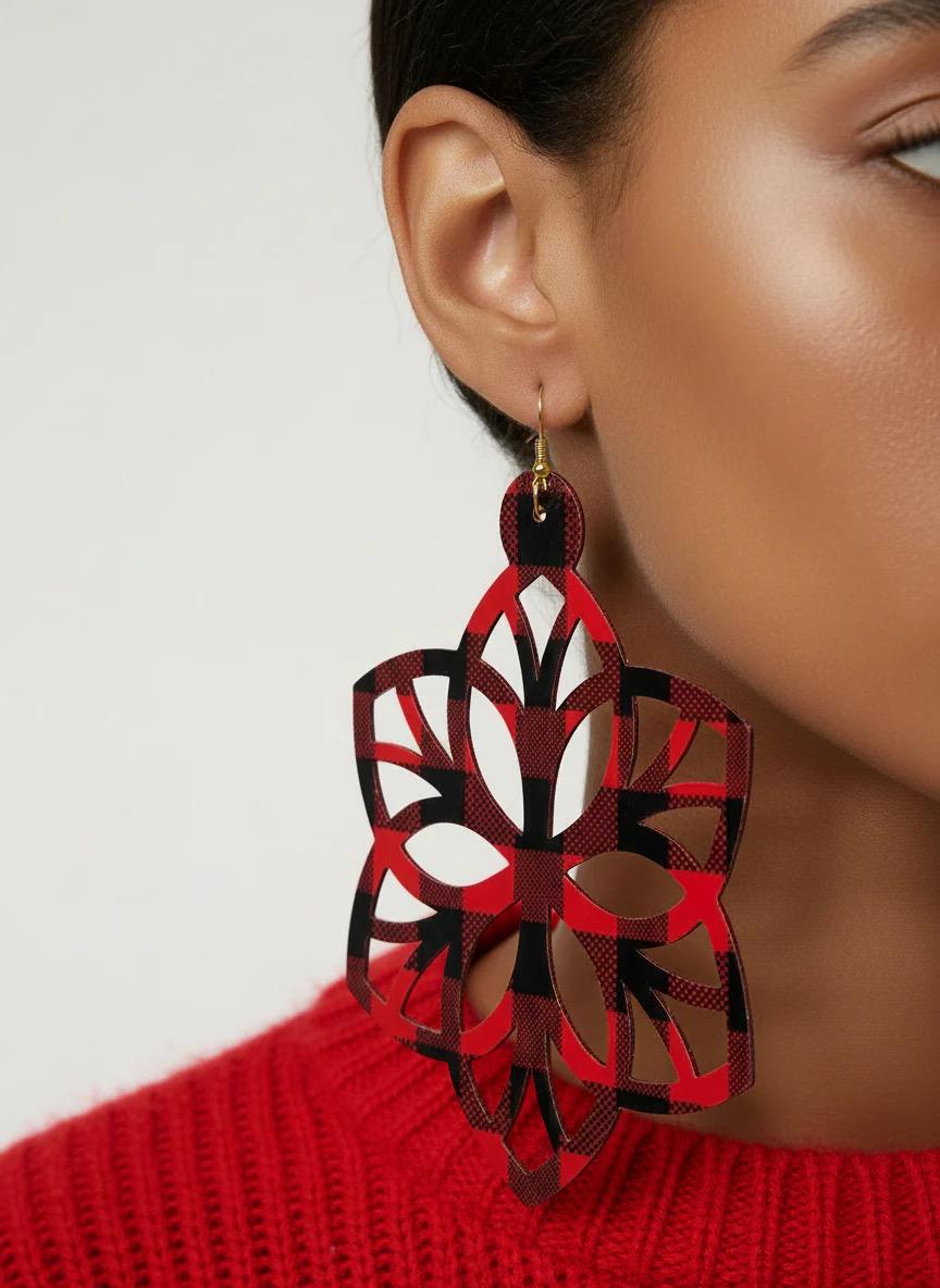 Red Plaid Cutout Statement Earrings: Gift for Mom, Wife, Sister