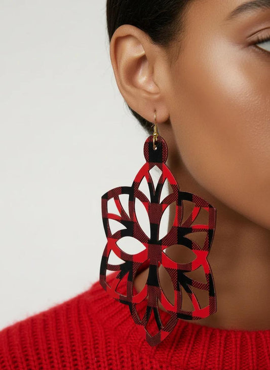 Red Plaid Cutout Statement Earrings: Gift for Mom, Wife, Sister