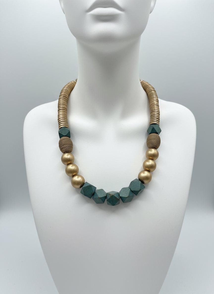 Gold and Green Geometric Handmade Necklace: Lightweight Tribal Beaded Jewelry