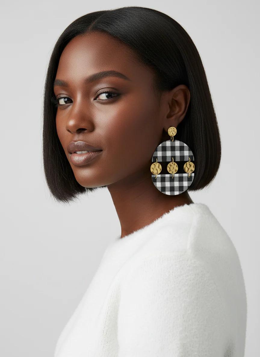 Black & White Plaid Statement Earrings with Gold Studs | Dangle Boho Earrings for Women