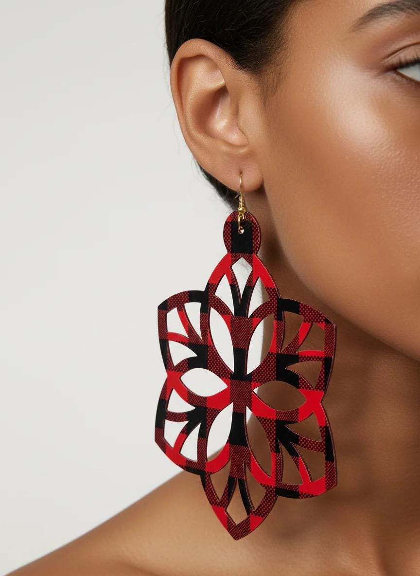 Red Plaid Cutout Statement Earrings: Gift for Mom, Wife, Sister