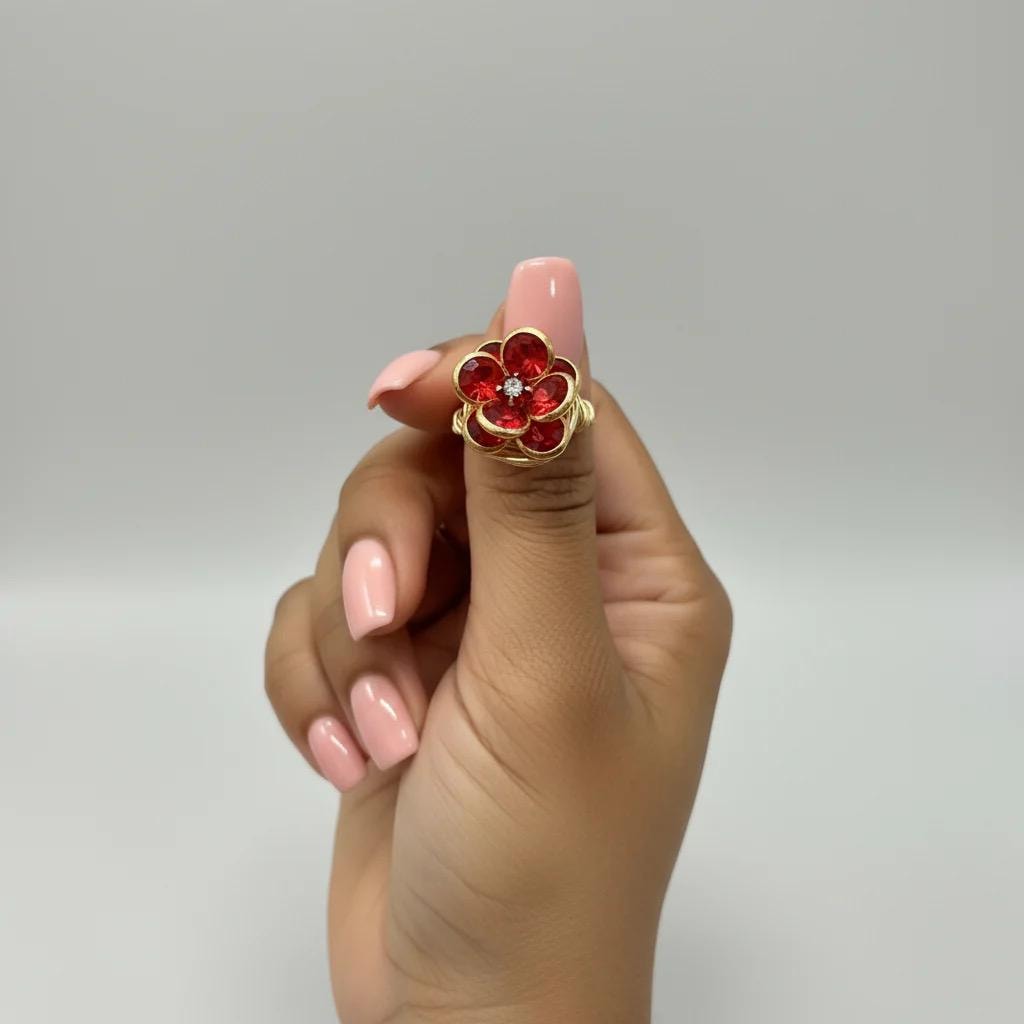 Red Glass Flower Wire Wrapped Ring – Handmade Fixed Size Statement Ring