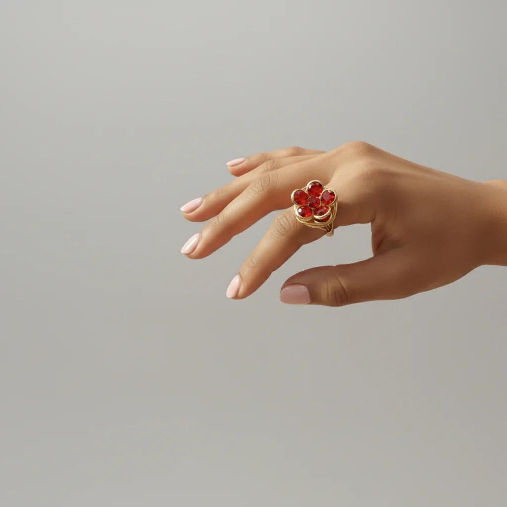 Red Glass Flower Wire Wrapped Ring – Handmade Fixed Size Statement Ring