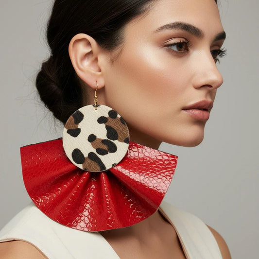 Red Croc & Leopard Oversized Ruffle Fan Leather Earrings