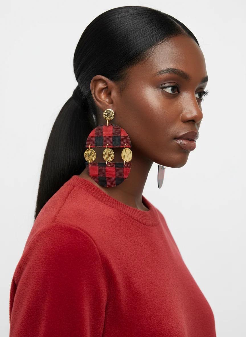 Red Buffalo Plaid Holiday Earrings with Gold Hammered Studs