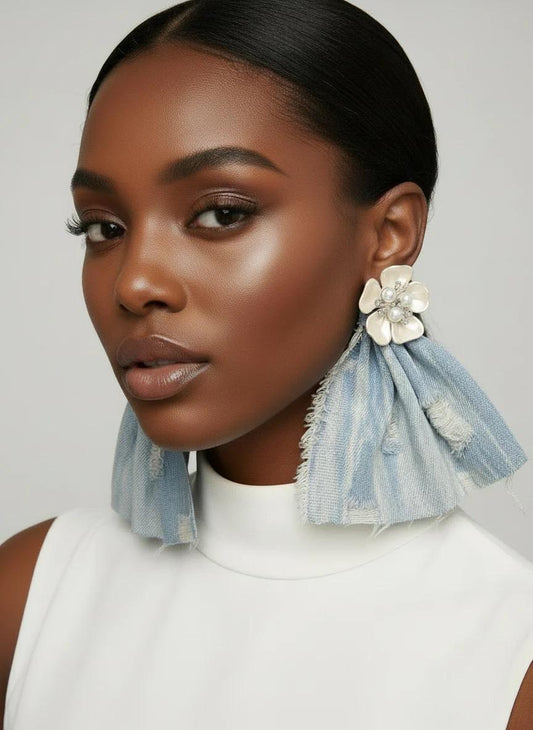 Light Washed Denim Destroyed Jean Ruffle Pearl Statement Earrings