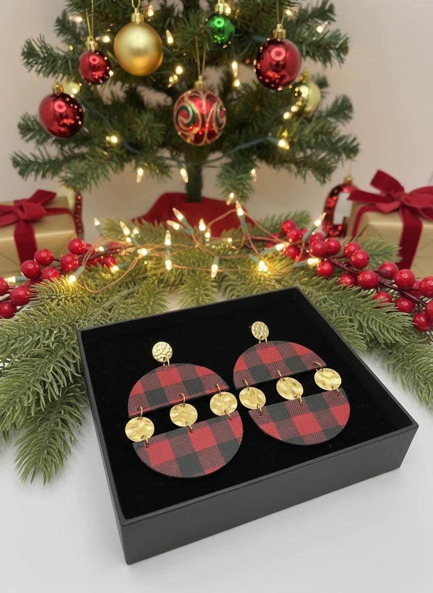 Red Buffalo Plaid Holiday Earrings with Gold Hammered Studs