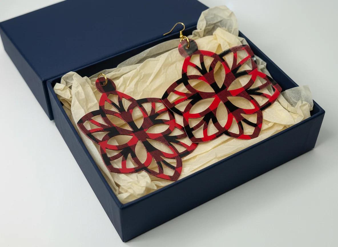 Red Plaid Cutout Statement Earrings: Gift for Mom, Wife, Sister