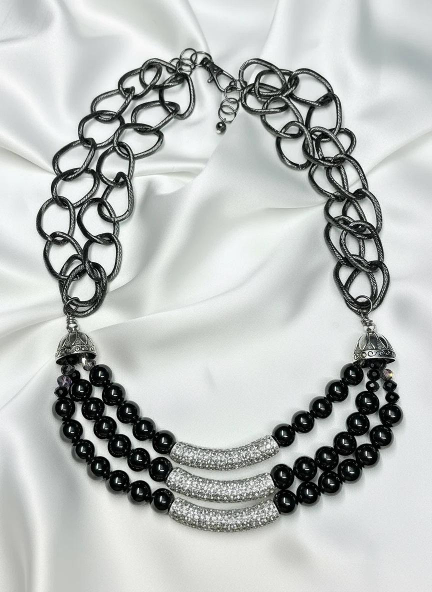 Black Hematite Fashion Necklace Multi Strand Chain Crystal Bold Necklace