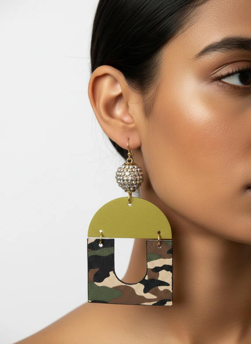 Camo Statement Earrings: Geometric Leather Jewelry with Rhinestones