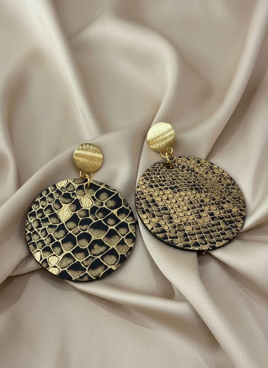 Gold Green Python Upcycled Leather & Wood Earrings