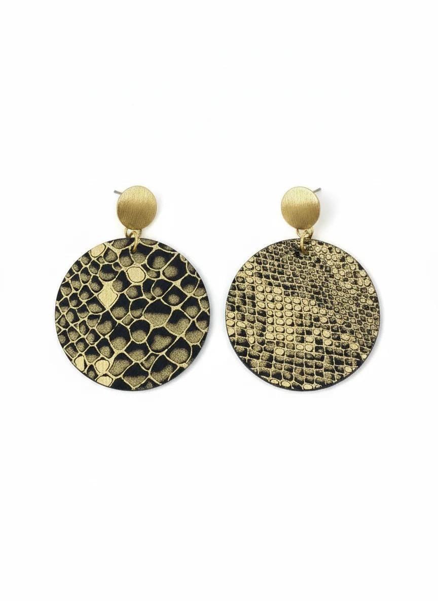 Gold Green Python Upcycled Leather & Wood Earrings