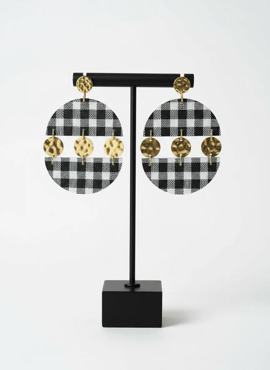Black & White Plaid Statement Earrings with Gold Studs | Dangle Boho Earrings for Women