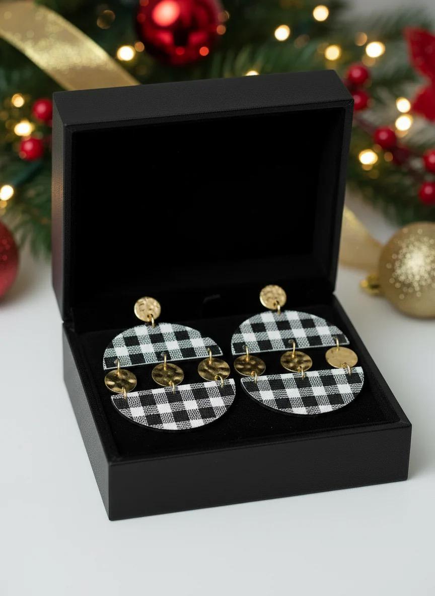 Black & White Plaid Statement Earrings with Gold Studs | Dangle Boho Earrings for Women
