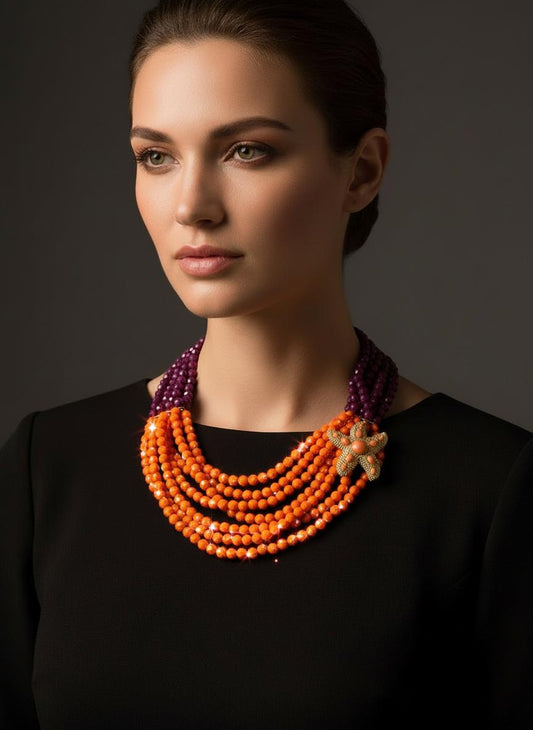 Orange & Purple Multi-strand Statement Necklace with Gold Starfish Charm