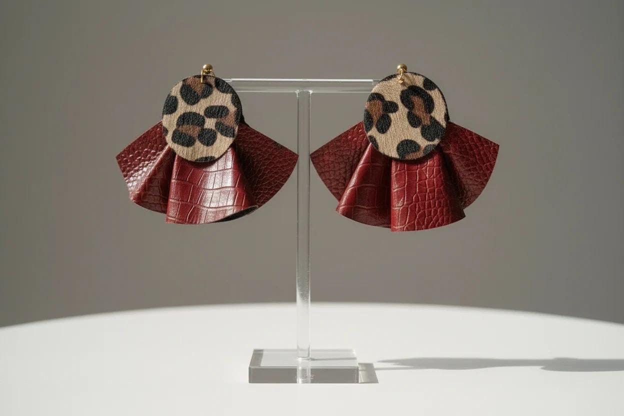 Burgundy Croc Animal Faux Leather Earrings - Ruffle Design Fur Leopard Print Jewelry