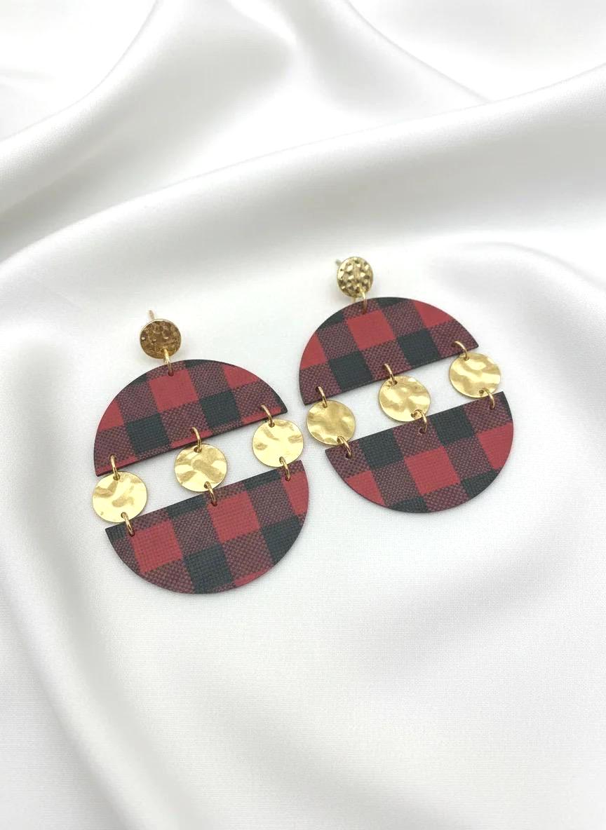 Red Buffalo Plaid Holiday Earrings with Gold Hammered Studs